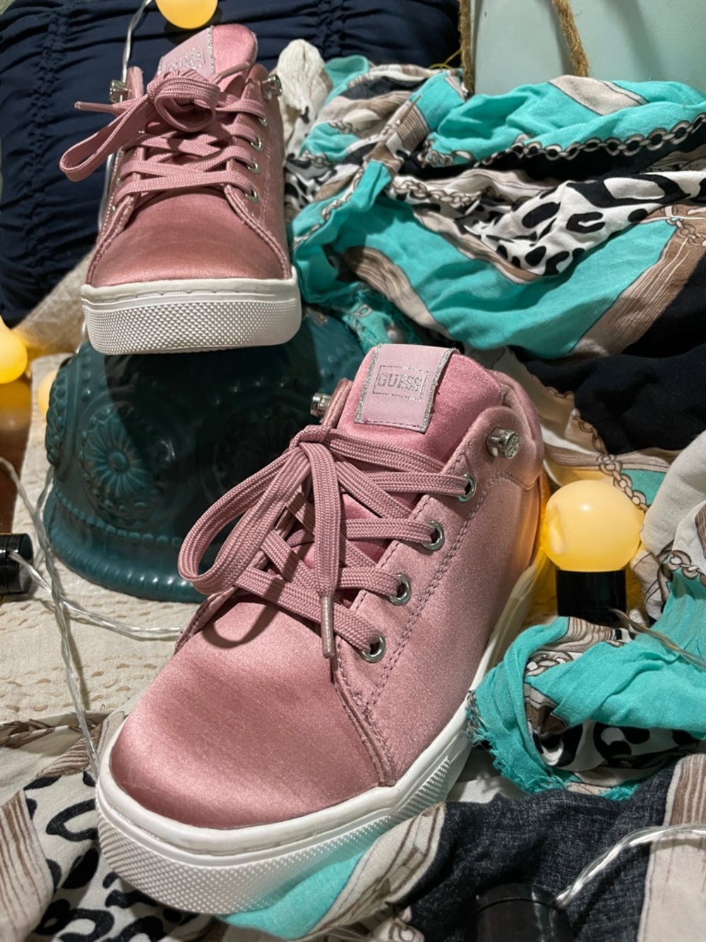 Guess Kids Rose Pink Satin Lace-Up Sneakers with White Sole